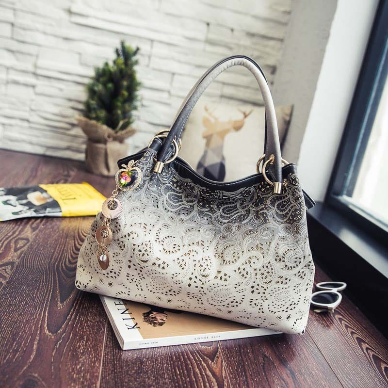 New Women's Vintage Hobo Floral Hollow Out Shoulder Bags Ladies PU Leather Polyester Tote Bag with Tassel