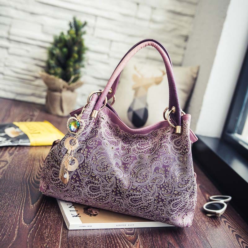 New Women's Vintage Hobo Floral Hollow Out Shoulder Bags Ladies PU Leather Polyester Tote Bag with Tassel