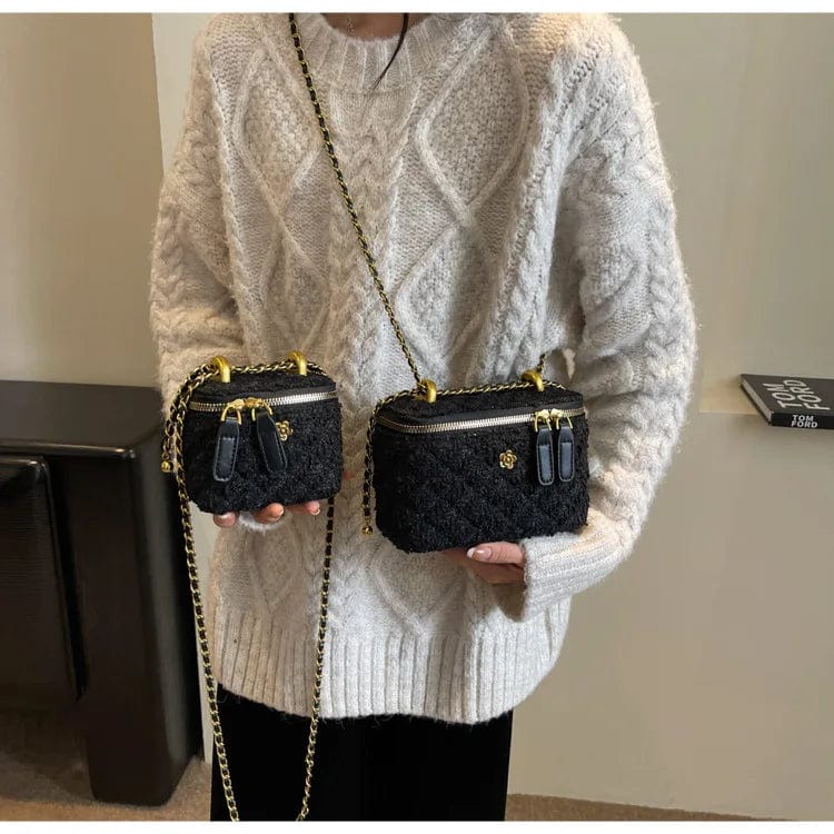 New Woolen Tweed Shoulder Bags for Women Camellia Fashion Chain Crossbody Bags Trend Handbags Phone Bag Top Handle Bucket Totes