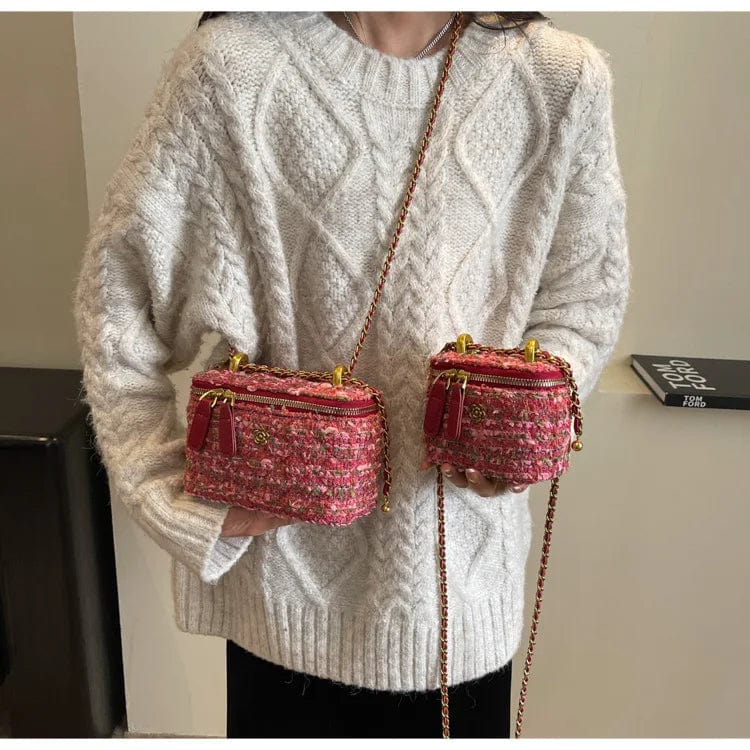 New Woolen Tweed Shoulder Bags for Women Camellia Fashion Chain Crossbody Bags Trend Handbags Phone Bag Top Handle Bucket Totes