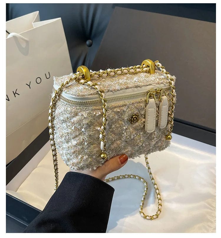 New Woolen Tweed Shoulder Bags for Women Camellia Fashion Chain Crossbody Bags Trend Handbags Phone Bag Top Handle Bucket Totes