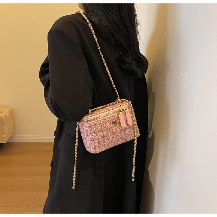 New Woolen Tweed Shoulder Bags for Women Camellia Fashion Chain Crossbody Bags Trend Handbags Phone Bag Top Handle Bucket Totes