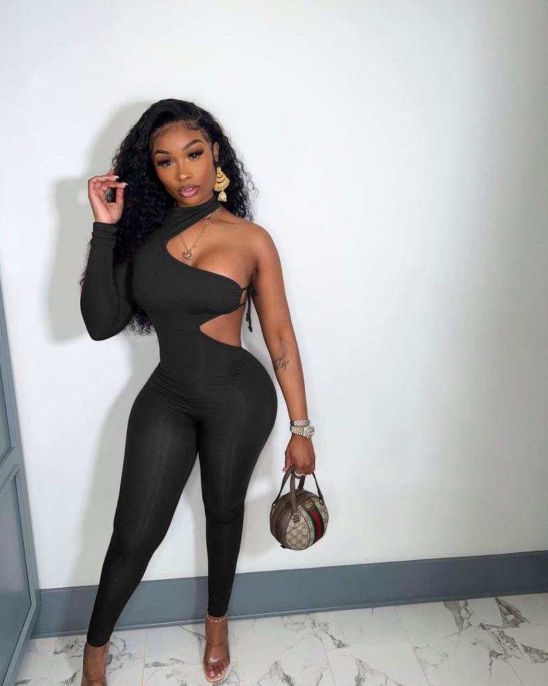 Newest Design Fashion Irregular Single Sleeve Sexy Lace Up Jumpsuit Solid Color Bodycon One Piece Jumpsuits For Women 2022