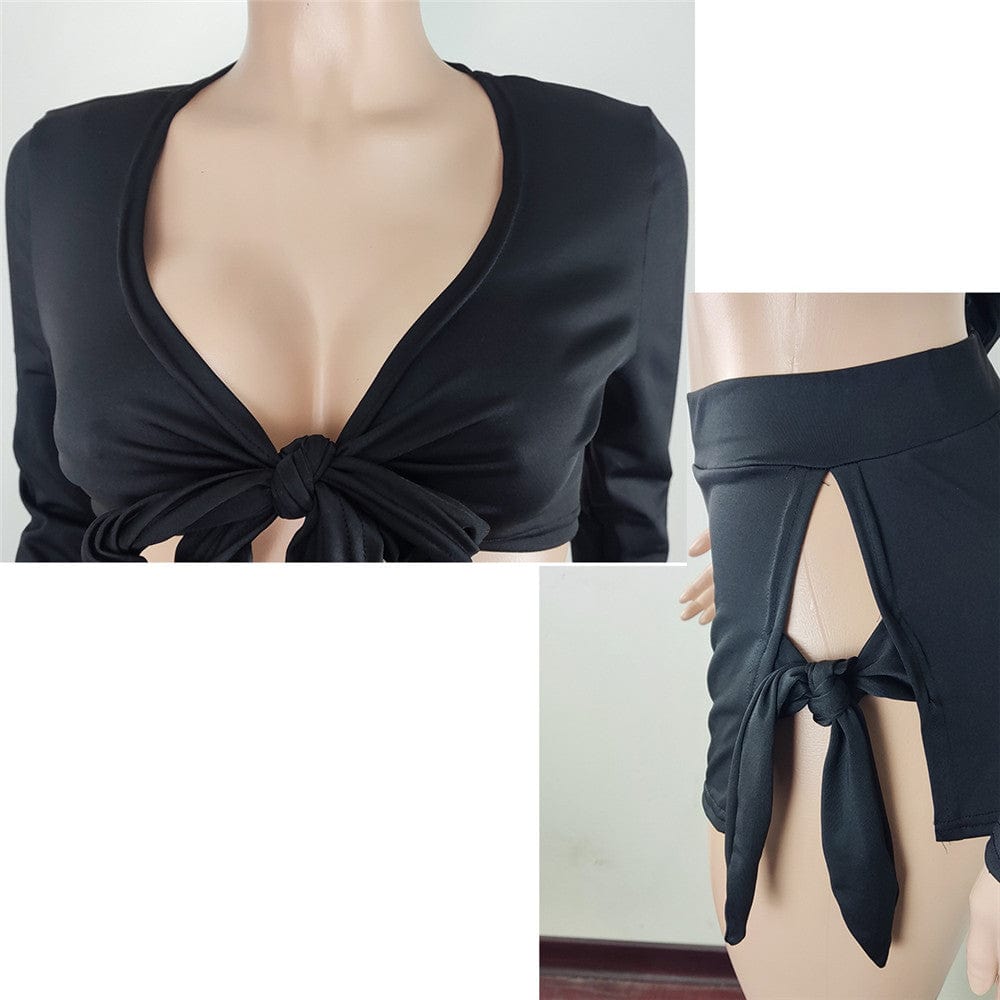 Newest Design Solid Color Long Sleeve Crop Top Hollow Out Shorts Summer Lace-Up Sexy 2 Piece Set Women