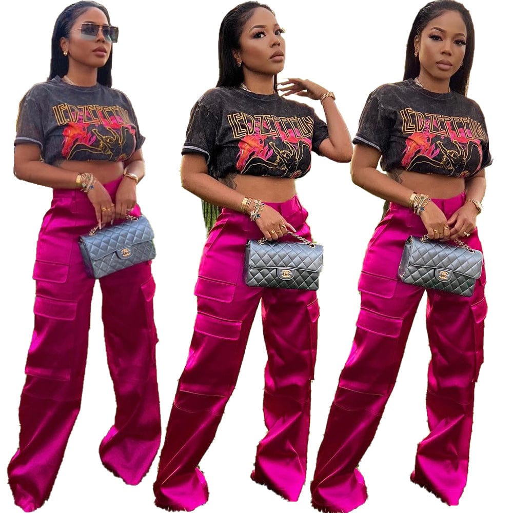 Newest trendy casual hot pink multi pocket cargo pants for ladies high waist loose baggy wide leg women's pants trousers