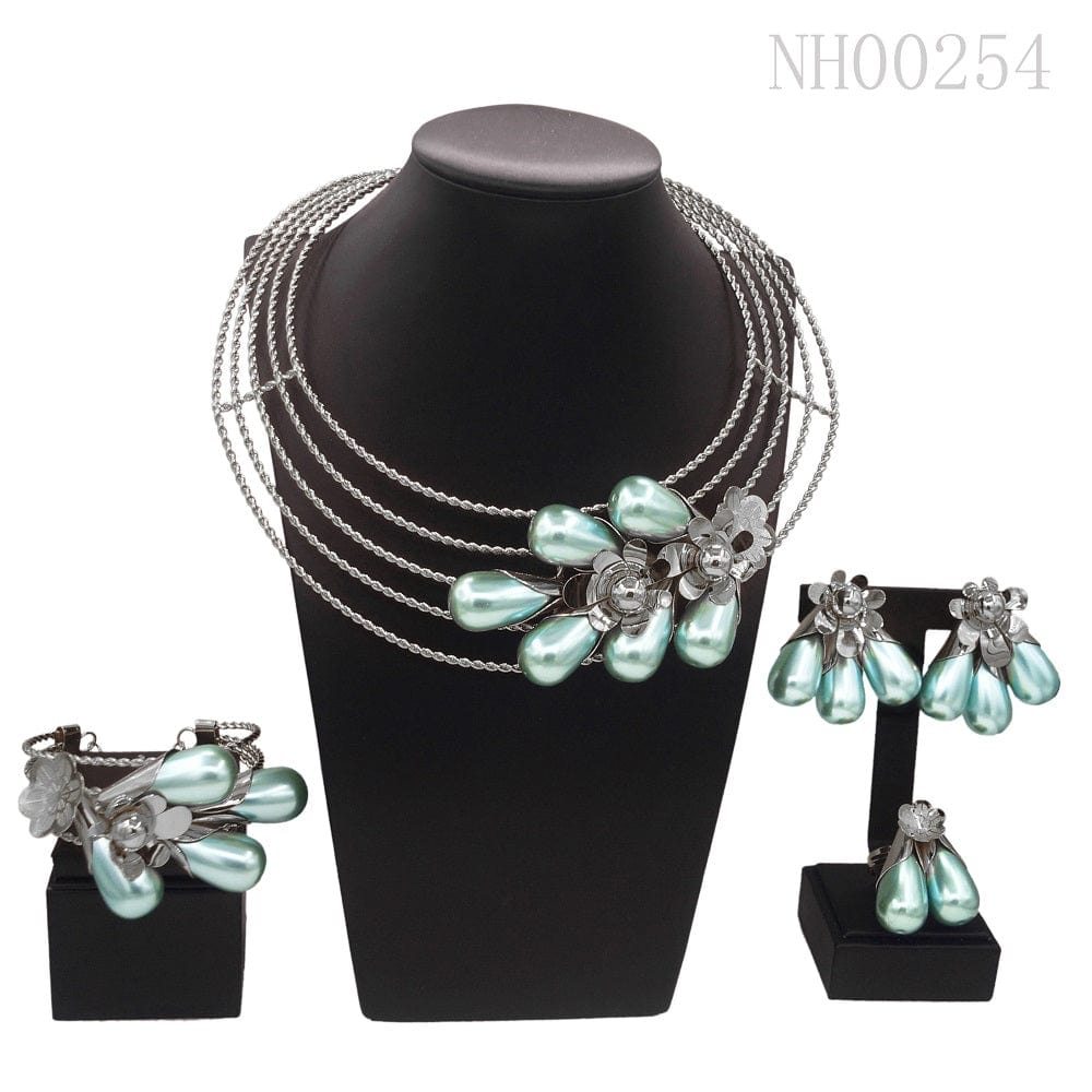 Nigeria 18K Gold Plated Jewellery Brass Blue Stone Dubai Jewelry Sets Western Vintage Costume Jewelry