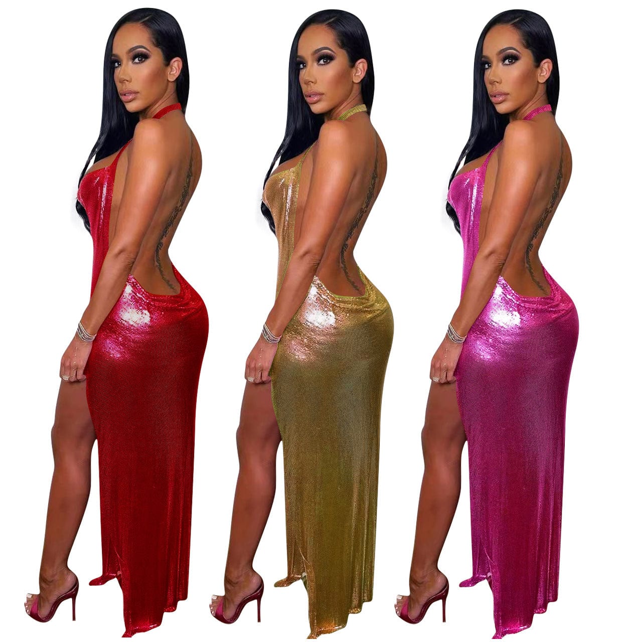 Nightclub Solid Color Spaghetti Strap Halter Backless High Split Sexy Party Club Dress