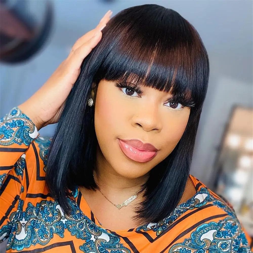 No lace Wigs With Free Bangs For Women Brazilian Straight Hair Natural Black  Bob  Human Hair Wig