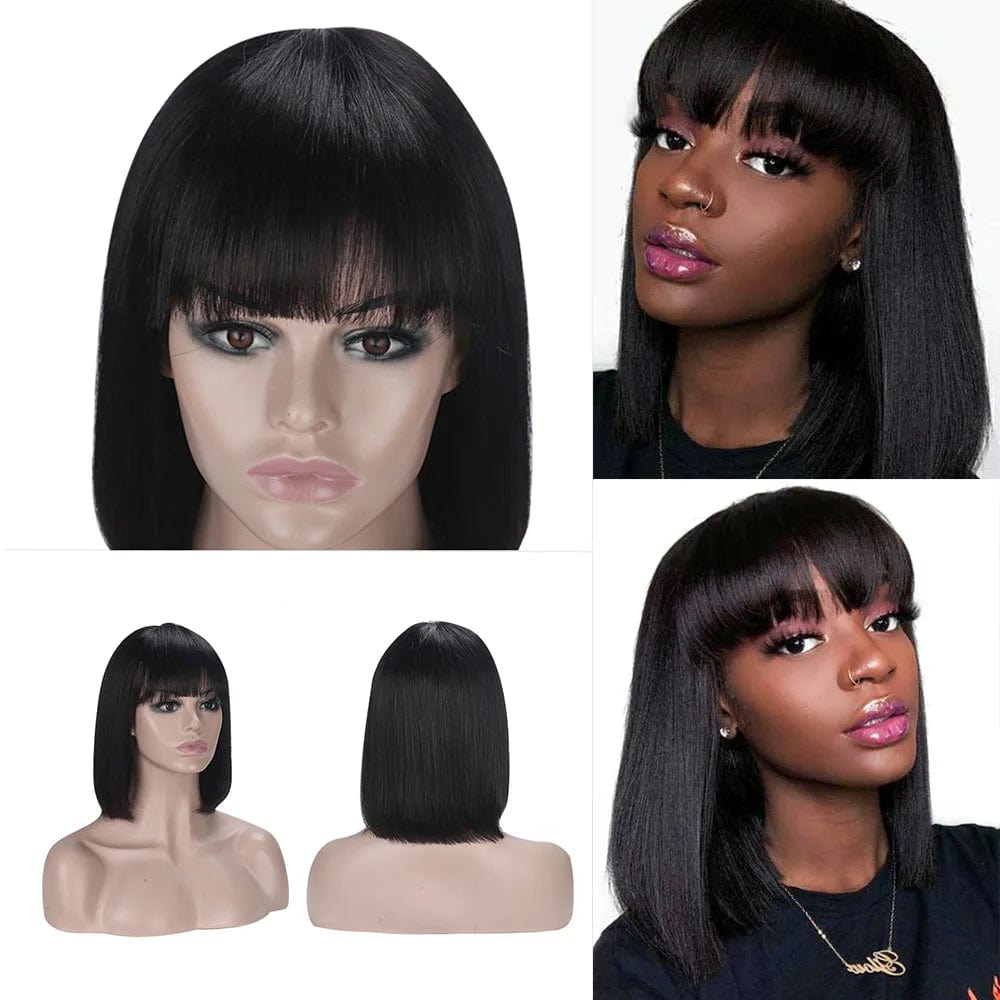 No lace Wigs With Free Bangs For Women Brazilian Straight Hair Natural Black  Bob  Human Hair Wig