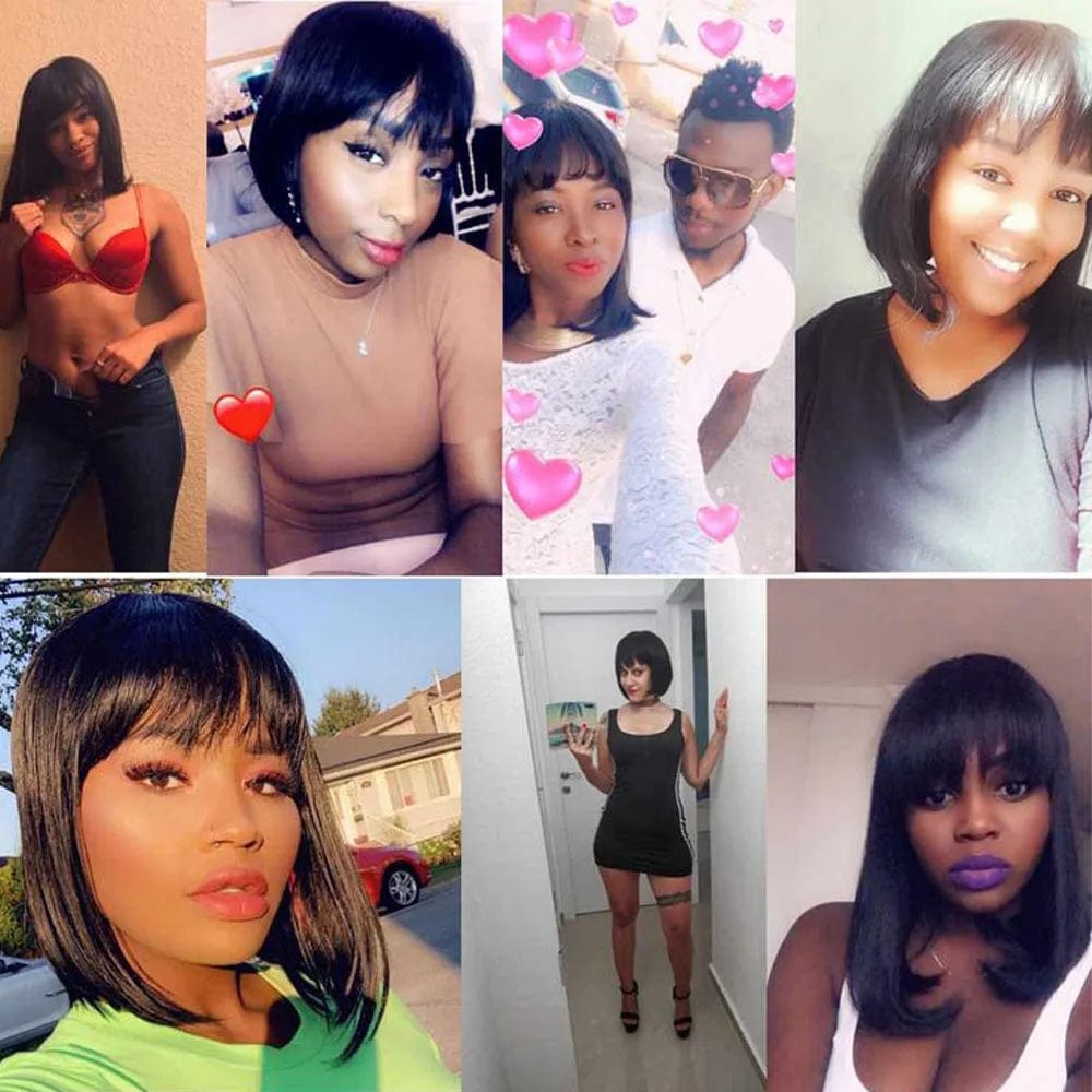 No lace Wigs With Free Bangs For Women Brazilian Straight Hair Natural Black  Bob  Human Hair Wig