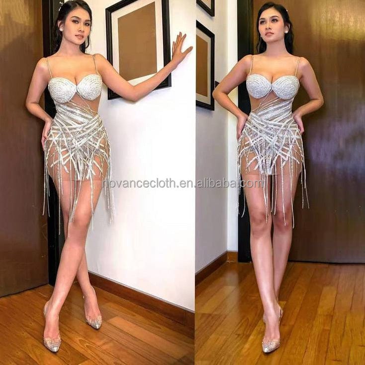 NOCANCE F3145 trendy clothes sparking suspender diamonds shiny dresses red carpet dresses with diamond tassels for party