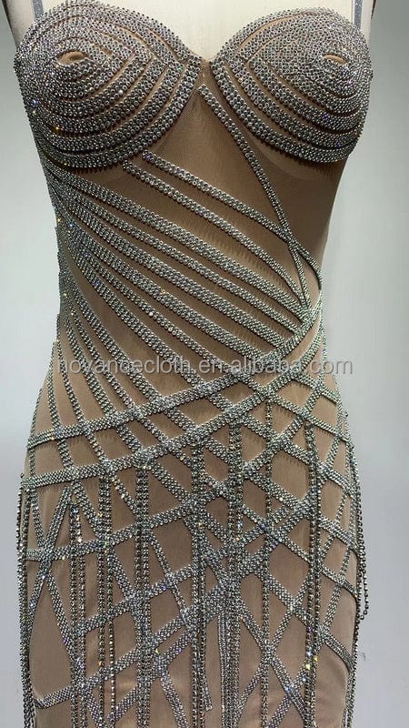 NOCANCE F3145 trendy clothes sparking suspender diamonds shiny dresses red carpet dresses with diamond tassels for party