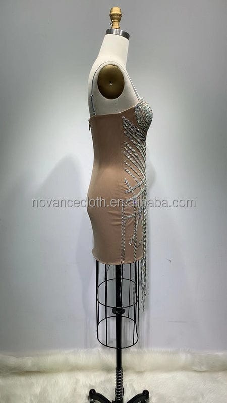 NOCANCE F3145 trendy clothes sparking suspender diamonds shiny dresses red carpet dresses with diamond tassels for party