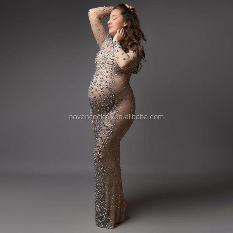Nocance Y2175 Maternity Clothes Plus Size Women's Dresses Shinny Crystal Mesh Baby Shower Dress Elegent Luxury For Photosh