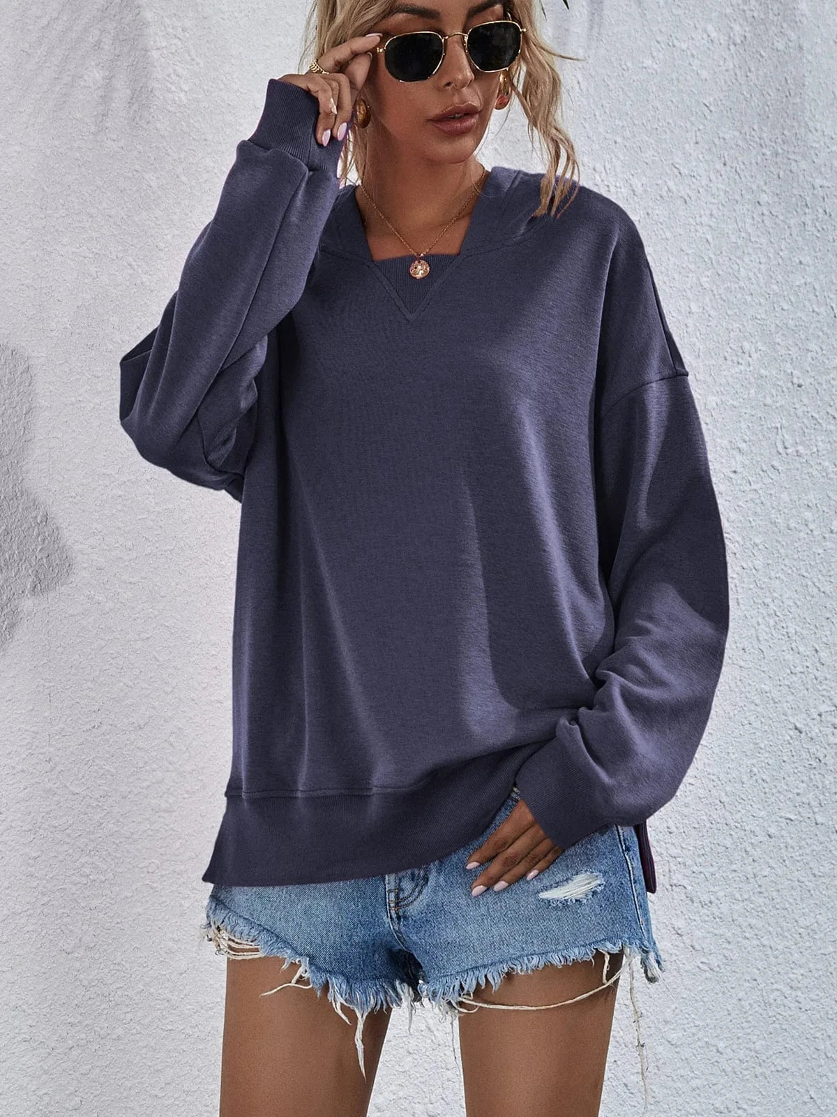 None / L / Dark blue European and American Women's Clothing 2024 Autumn and Winter New Fleece-lined Sweater Women's Hooded Casual Loose Top