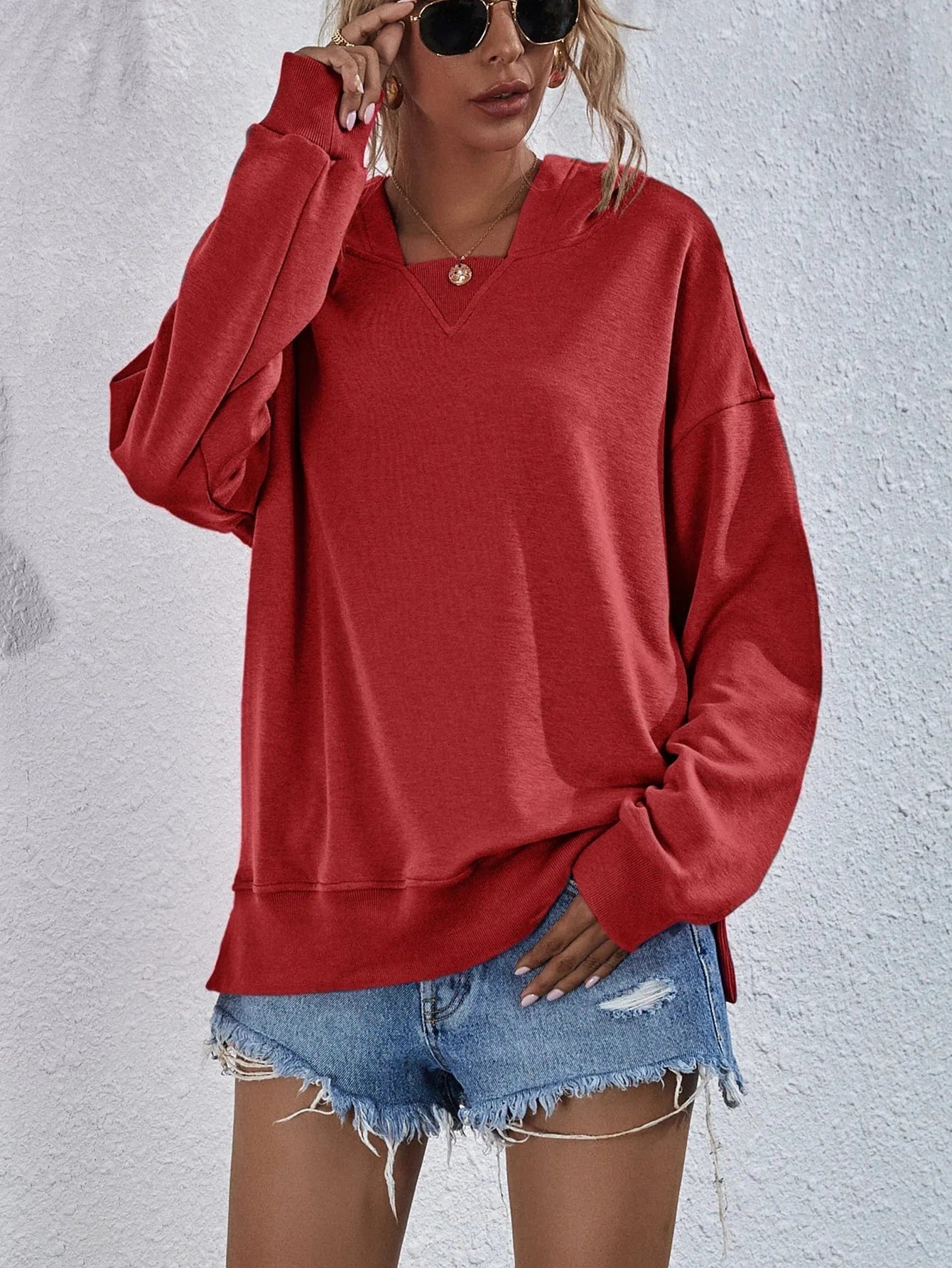 None / L / Red European and American Women's Clothing 2024 Autumn and Winter New Fleece-lined Sweater Women's Hooded Casual Loose Top