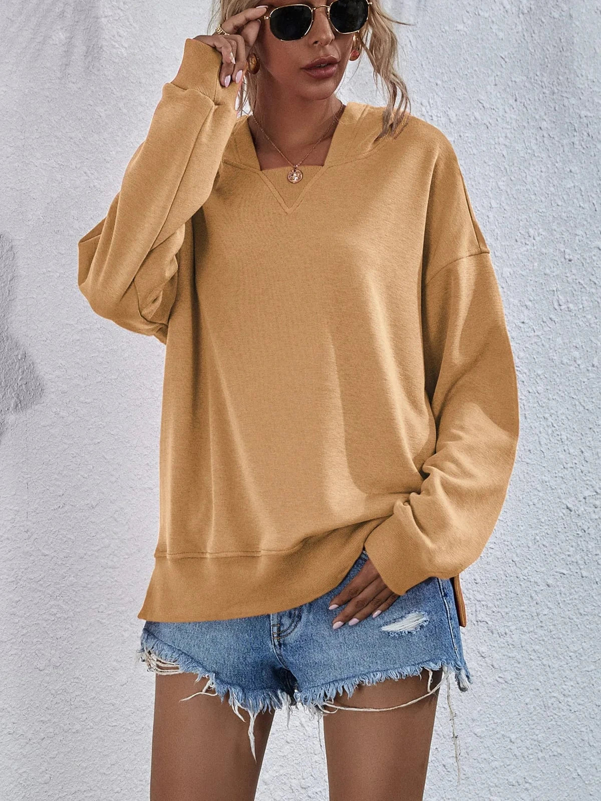 None / XL / Camel European and American Women's Clothing 2024 Autumn and Winter New Fleece-lined Sweater Women's Hooded Casual Loose Top
