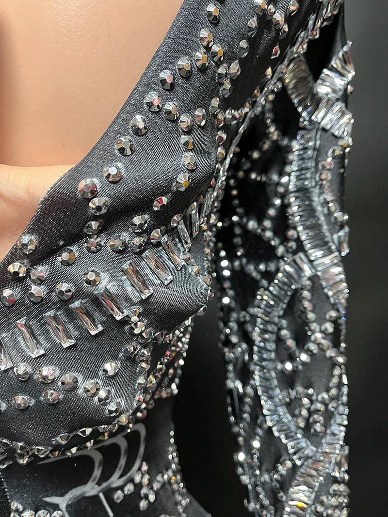 NOVANCE 2023 new product high neck sexy short woman outfits long sleeve black bling diamonds bodysuit for nightclub bar party