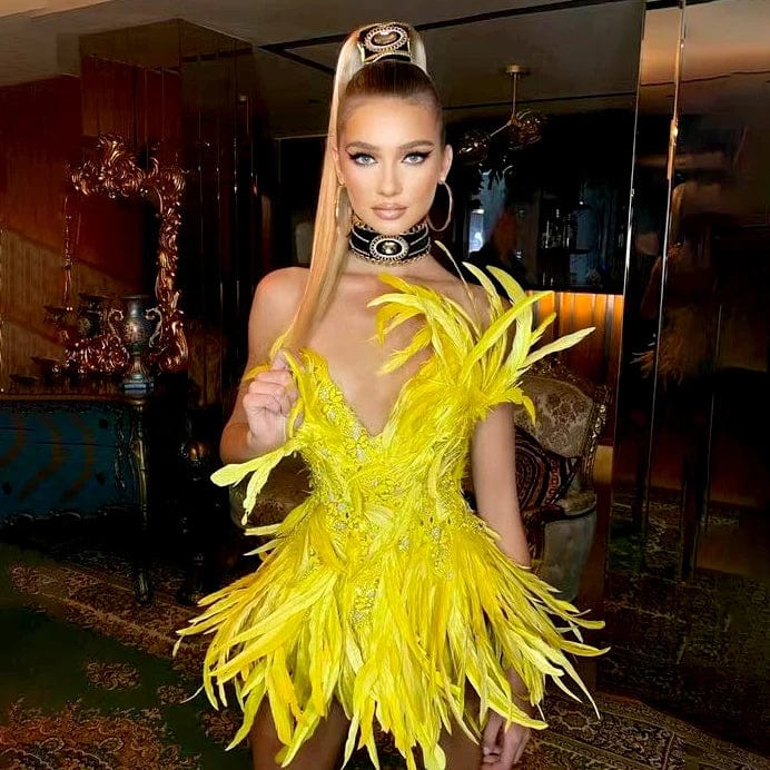 NOVANCE boutique clothing women sexy 2023 new arrivals deep V feather mini yellow dress robe soiree femme for cocktail party