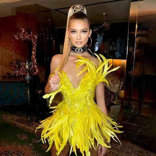 NOVANCE boutique clothing women sexy 2023 new arrivals deep V feather mini yellow dress robe soiree femme for cocktail party