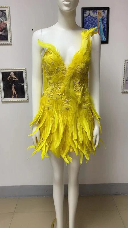 NOVANCE boutique clothing women sexy 2023 new arrivals deep V feather mini yellow dress robe soiree femme for cocktail party