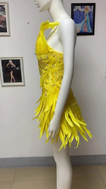 NOVANCE boutique clothing women sexy 2023 new arrivals deep V feather mini yellow dress robe soiree femme for cocktail party