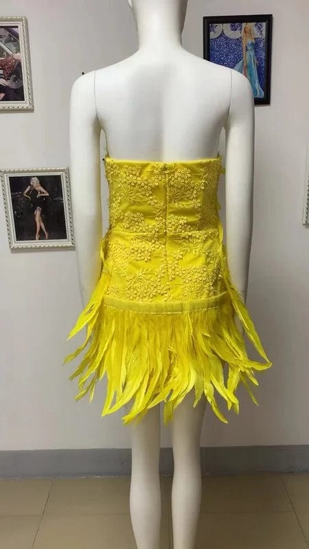 NOVANCE boutique clothing women sexy 2023 new arrivals deep V feather mini yellow dress robe soiree femme for cocktail party