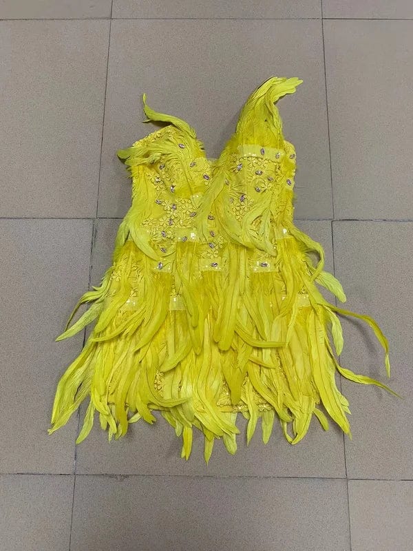 NOVANCE boutique clothing women sexy 2023 new arrivals deep V feather mini yellow dress robe soiree femme for cocktail party