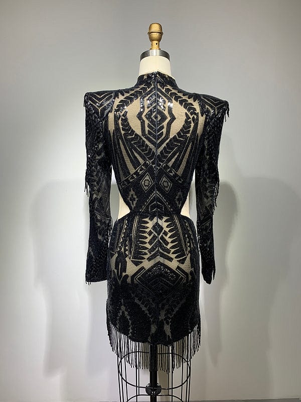 NOVANCE new product 2023 popular in china sexy cut out black shiny pearl dress with shoulder pad club dresses with bling tassels