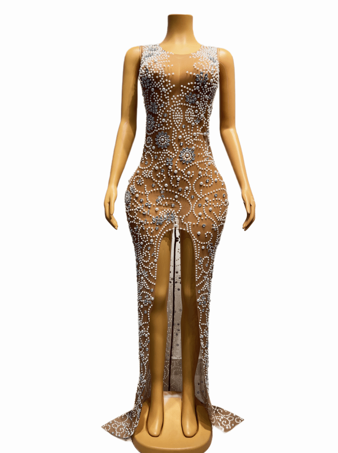 NOVANCE robes decontractes femmes scoop neck high split shiny diamond  pearl plus size evening gown  vestido de graduation