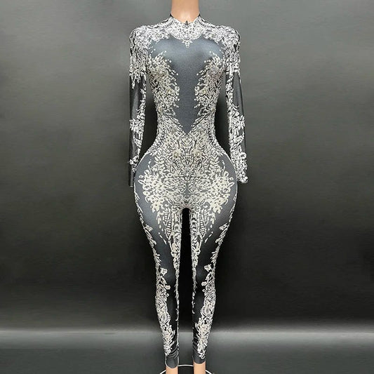 NOVANCE trending products 2023 new clothes arrivals women high neck printed shiny stones spandex bodysuit women's clothing sexy