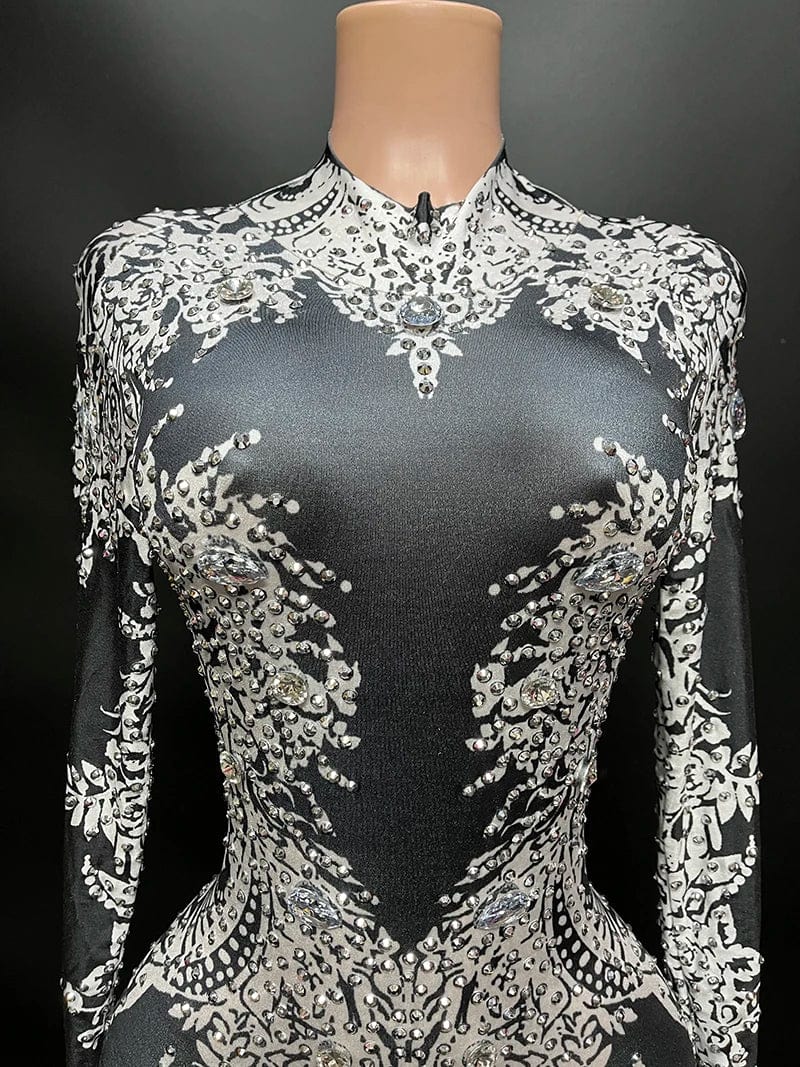 NOVANCE trending products 2023 new clothes arrivals women high neck printed shiny stones spandex bodysuit women's clothing sexy