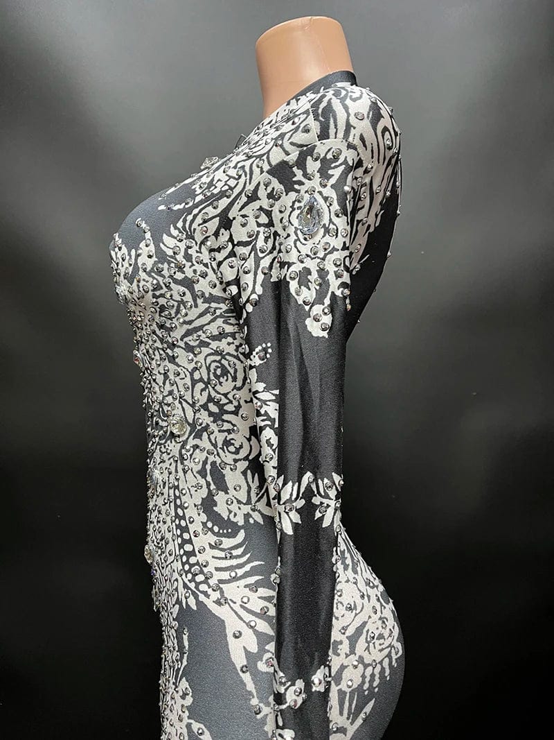 NOVANCE trending products 2023 new clothes arrivals women high neck printed shiny stones spandex bodysuit women's clothing sexy