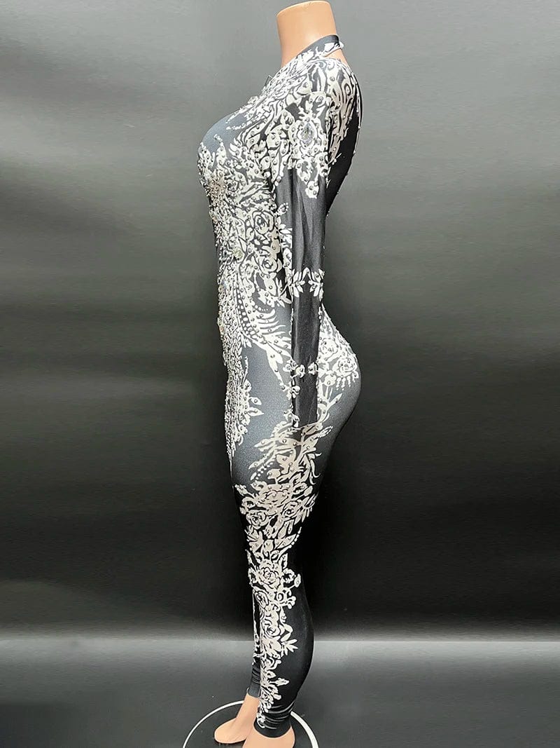 NOVANCE trending products 2023 new clothes arrivals women high neck printed shiny stones spandex bodysuit women's clothing sexy