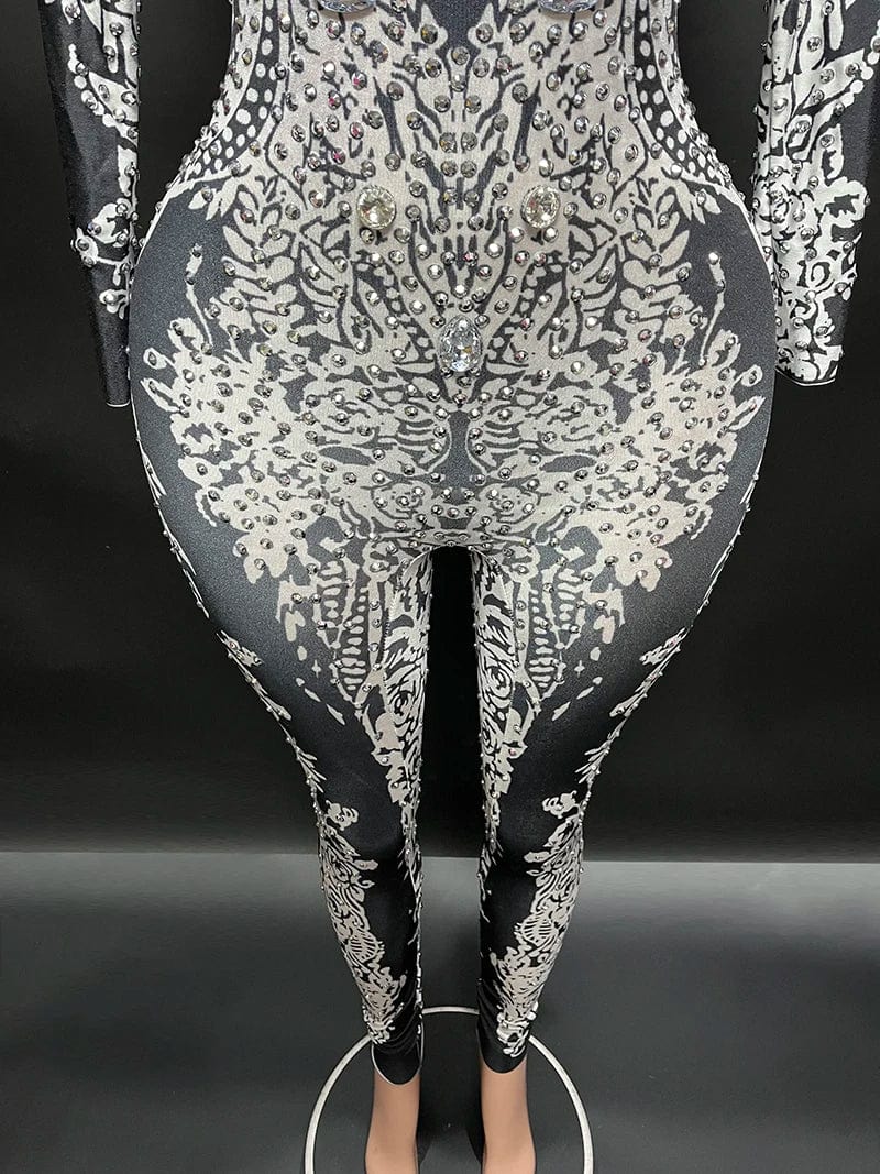NOVANCE trending products 2023 new clothes arrivals women high neck printed shiny stones spandex bodysuit women's clothing sexy