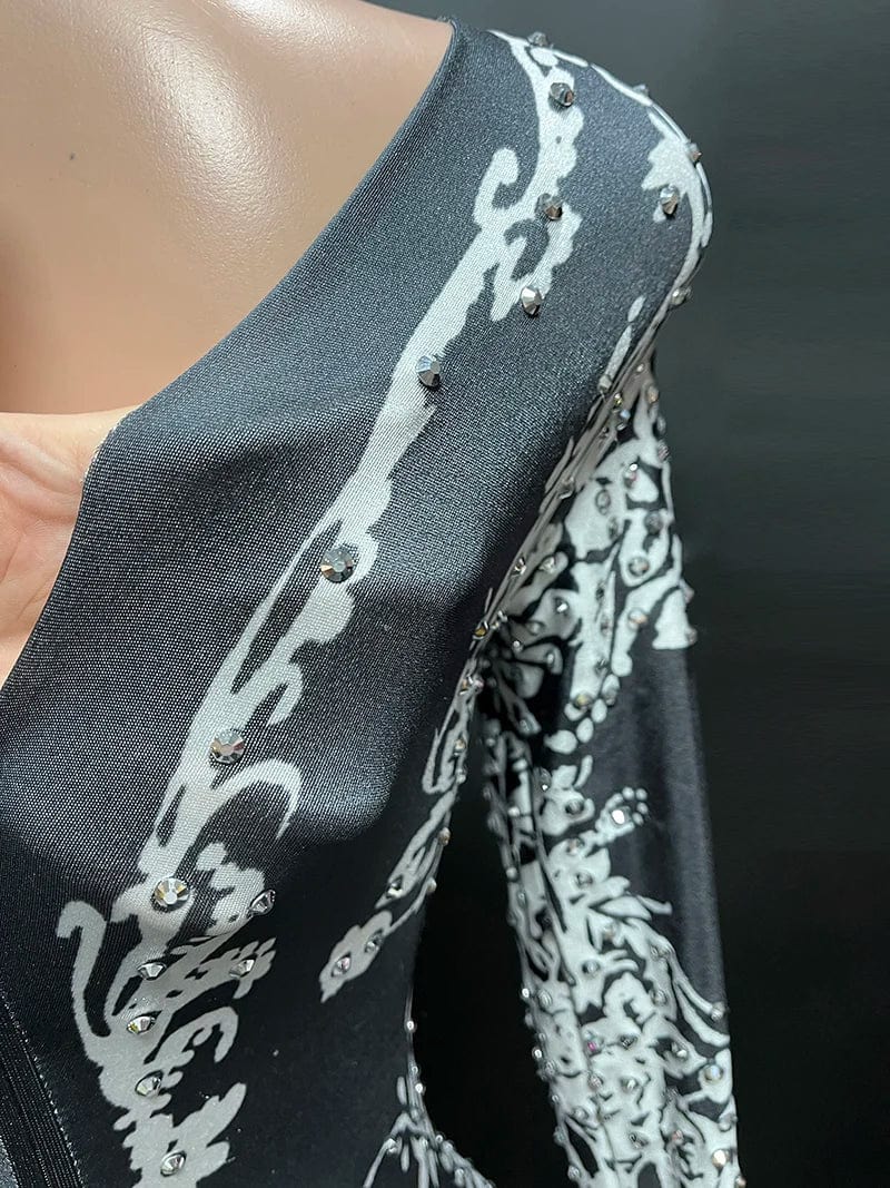 NOVANCE trending products 2023 new clothes arrivals women high neck printed shiny stones spandex bodysuit women's clothing sexy