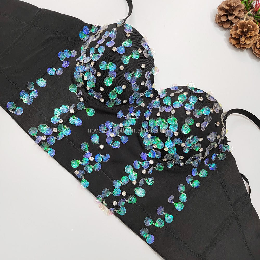 NOVANCE Trending Products Black Shell Sequined Lingerie Wearing Hot Girl Top Rhinestone Beaded Fishbone Corset Top Bra For Women