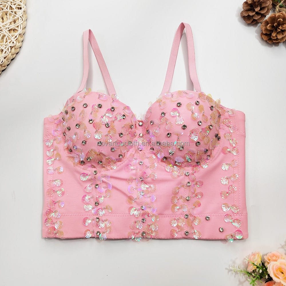 NOVANCE Trending Products Black Shell Sequined Lingerie Wearing Hot Girl Top Rhinestone Beaded Fishbone Corset Top Bra For Women