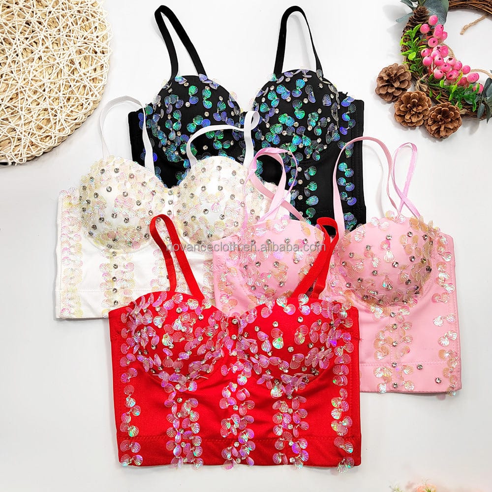 NOVANCE Trending Products Black Shell Sequined Lingerie Wearing Hot Girl Top Rhinestone Beaded Fishbone Corset Top Bra For Women