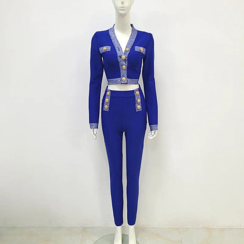 NOVANCE trendy 2 piece set elegant bandage royal blue office wear with Metal buttons women's clothing for activity events