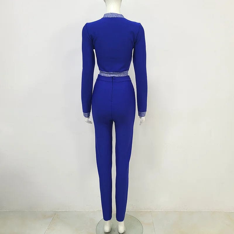 NOVANCE trendy 2 piece set elegant bandage royal blue office wear with Metal buttons women's clothing for activity events