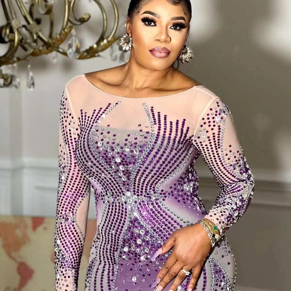 Novance Trendy Boutique Bridesmaid Dresses With Sleeves Shinny Diamond Purple Long Dress Party Wear Dress For Women In India