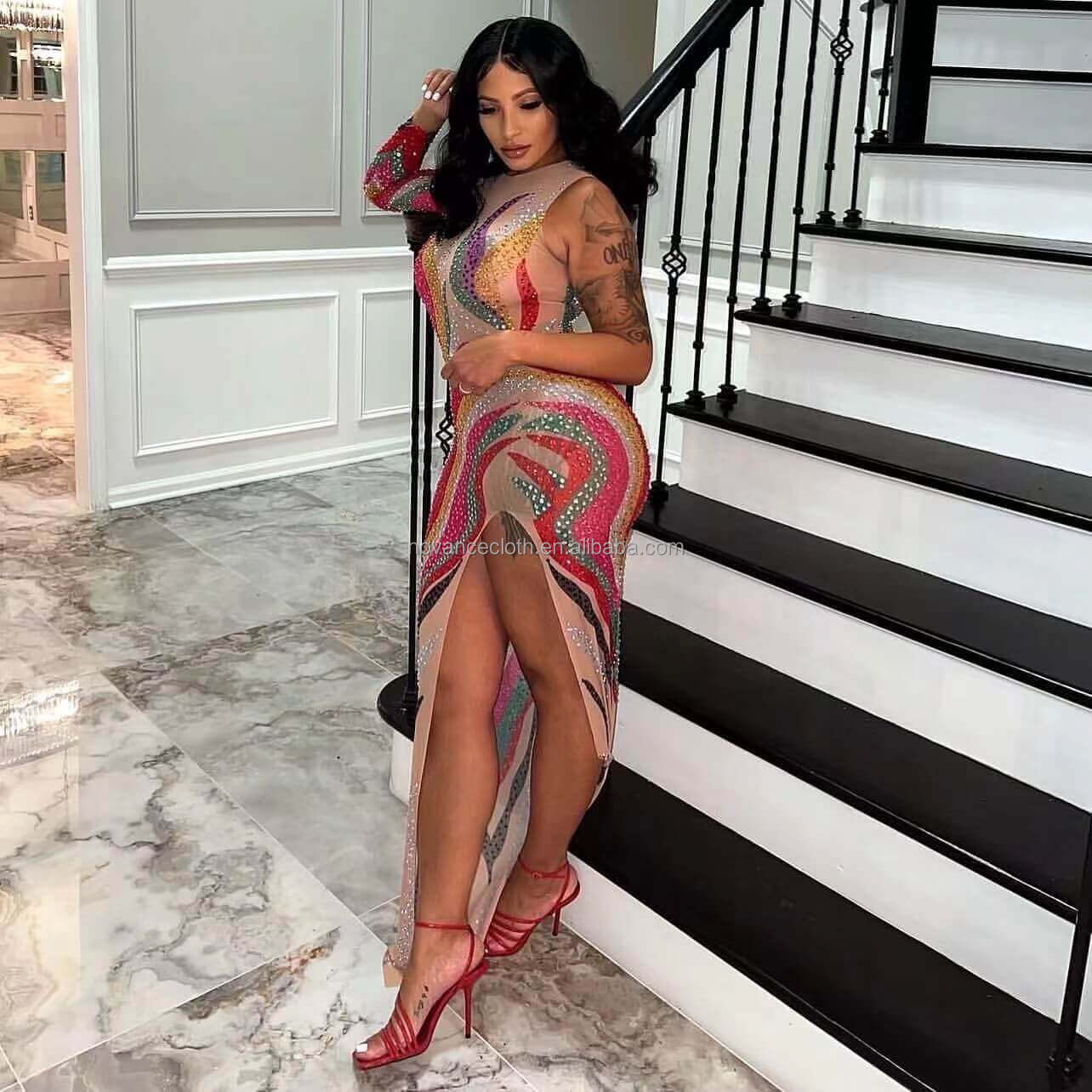 Novance Wholesale Clothing Factories Elegant Gorgeous Colored Sequined Maxi Evening Dresses Ceremony Abito Lungo Elegante Curvy