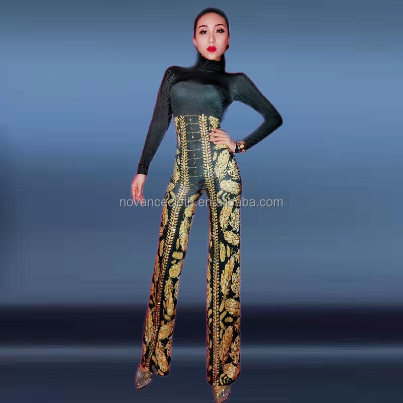 Novance Y1401 Best Sellers Amazon 2022 Golden Diamond Leaf Pattern One Piece Black Sexy Jumpsuit Wide Leg Pants Women Elegant
