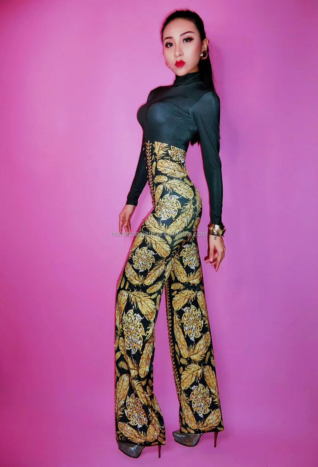 Novance Y1401 Best Sellers Amazon 2022 Golden Diamond Leaf Pattern One Piece Black Sexy Jumpsuit Wide Leg Pants Women Elegant