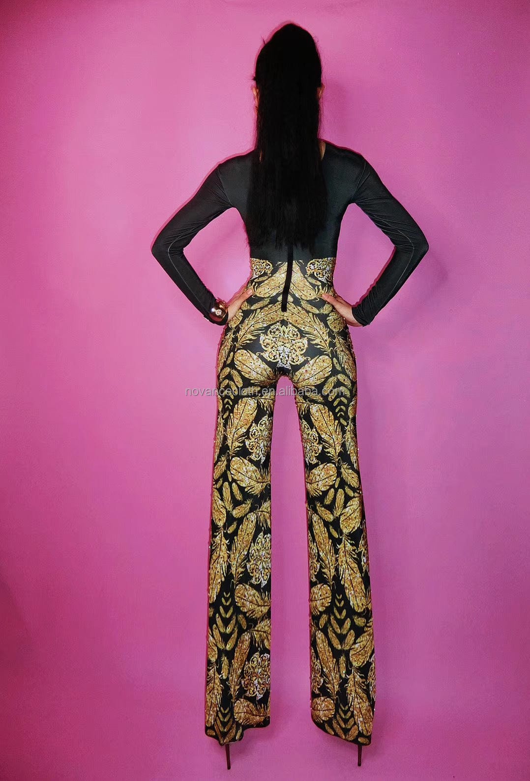 Novance Y1401 Best Sellers Amazon 2022 Golden Diamond Leaf Pattern One Piece Black Sexy Jumpsuit Wide Leg Pants Women Elegant