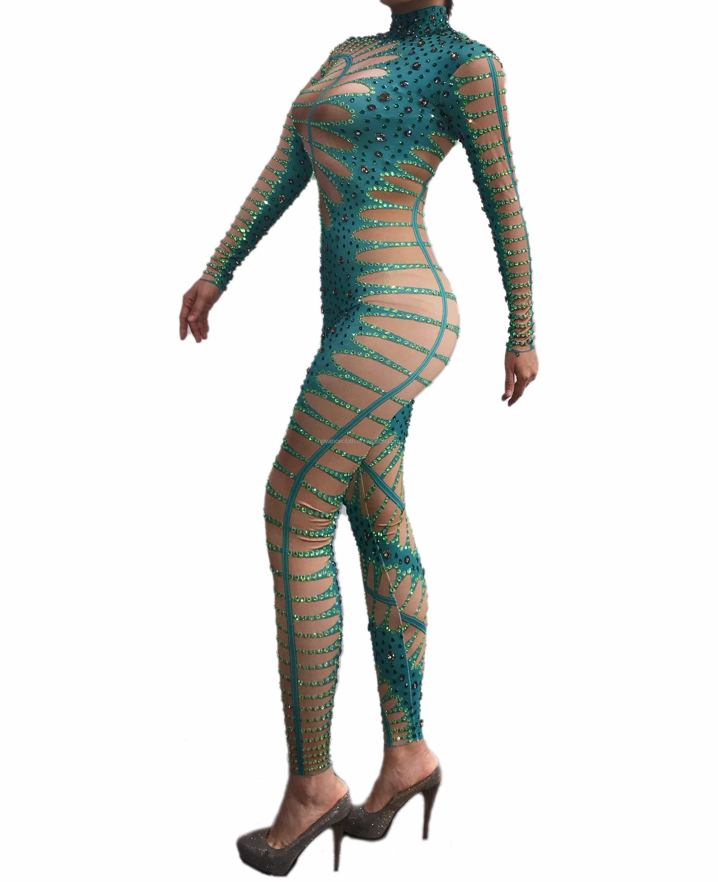 Novance Y1417 New Fashion 2022 Outfit Crystals Rhinestones Bodysuit Women Business Jumpsuit Slim Green Performance Stage Costume