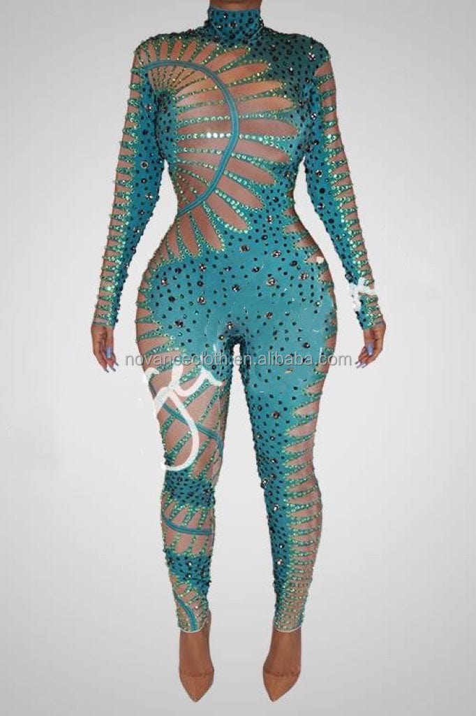 Novance Y1417 New Fashion 2022 Outfit Crystals Rhinestones Bodysuit Women Business Jumpsuit Slim Green Performance Stage Costume