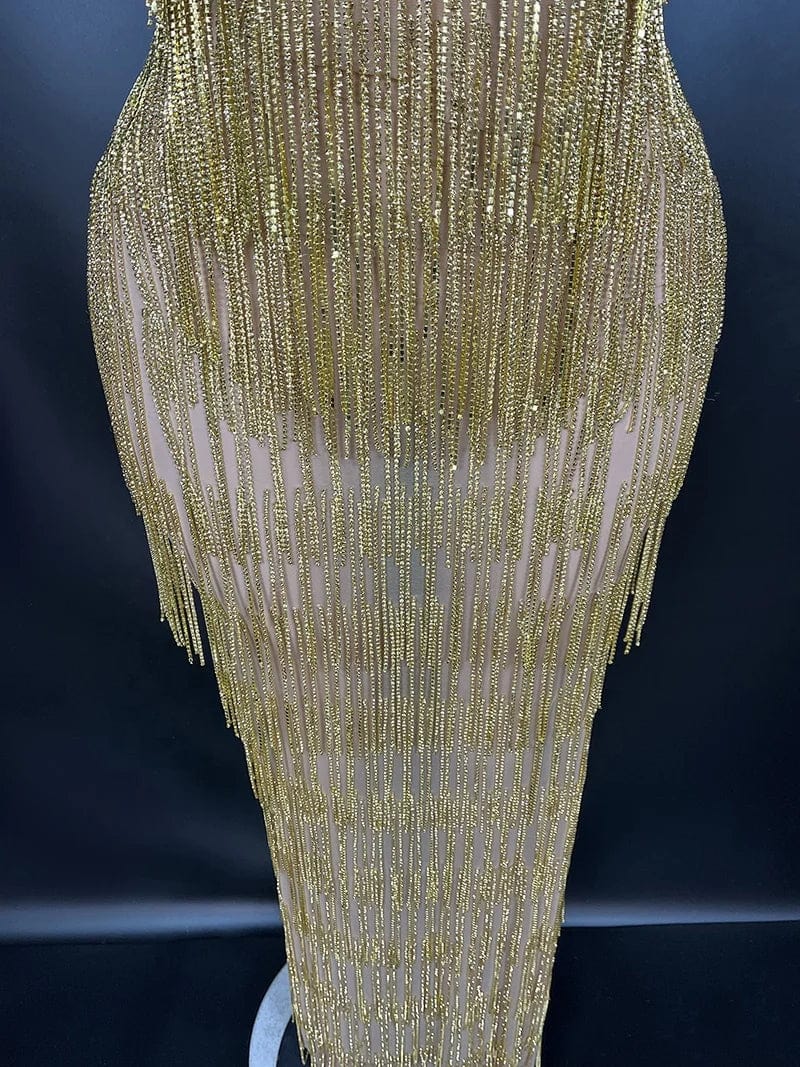 Novance Y2336 trending products 2024 new arrivals women gold luxury long gown evening dress gold high neck tassel dress women