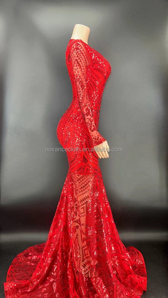 Novance Y2408 Summer 2022 V Neck Sparkling Diamond Sequins Red Fish Tail Dress Bridal Dress Evening Gown For Wedding Party
